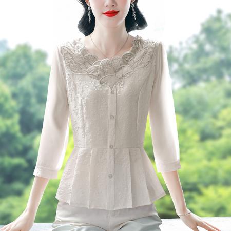 FA53779# 春新款七分袖提花雪纺衫女花瓣领漂亮小衫洋气减龄遮肚子上衣 服裝批發女裝批發服飾貨源