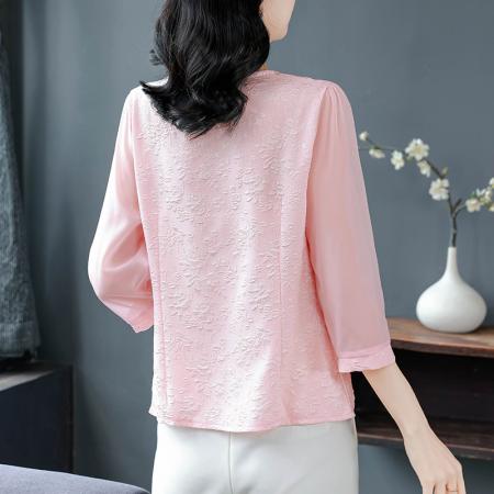 FA53779# 春新款七分袖提花雪纺衫女花瓣领漂亮小衫洋气减龄遮肚子上衣 服裝批發女裝批發服飾貨源