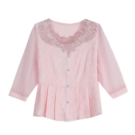 FA53779# 春新款七分袖提花雪纺衫女花瓣领漂亮小衫洋气减龄遮肚子上衣 服裝批發女裝批發服飾貨源