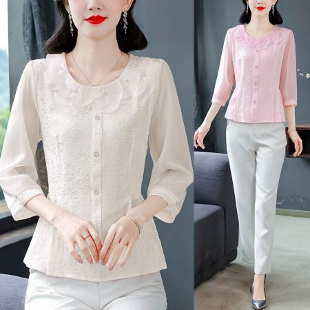 FA53780# 七分袖雪纺衫女花瓣领衬衫春新款漂亮小衫洋气减龄遮肚子上衣 服裝批發女裝批發服飾貨源