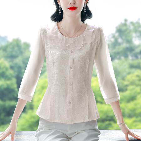 FA53780# 七分袖雪纺衫女花瓣领衬衫春新款漂亮小衫洋气减龄遮肚子上衣 服裝批發女裝批發服飾貨源