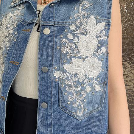 FA53781# 春夏爆款钉珠重工流苏牛仔短外套时尚绣花工艺肩花 服裝批發女裝批發服飾貨源