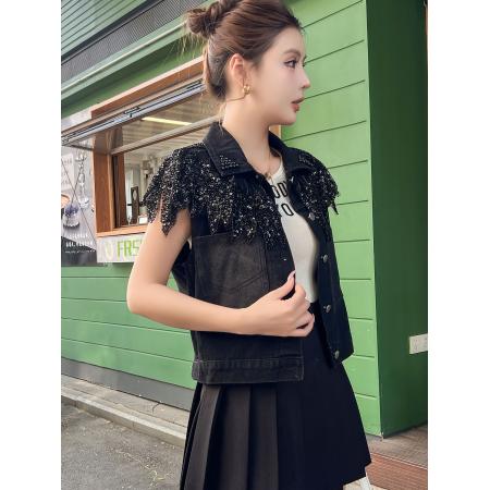 FA53782# 春夏爆款钉珠重工流苏牛仔短外套时尚绣花工艺肩花 服裝批發女裝批發服飾貨源