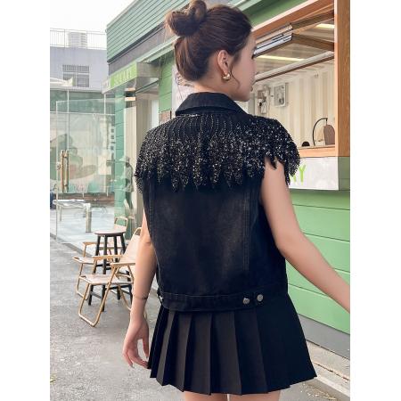 FA53782# 春夏爆款钉珠重工流苏牛仔短外套时尚绣花工艺肩花 服裝批發女裝批發服飾貨源