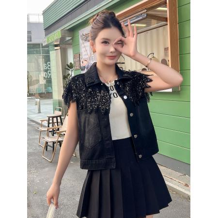 FA53782# 春夏爆款钉珠重工流苏牛仔短外套时尚绣花工艺肩花 服裝批發女裝批發服飾貨源