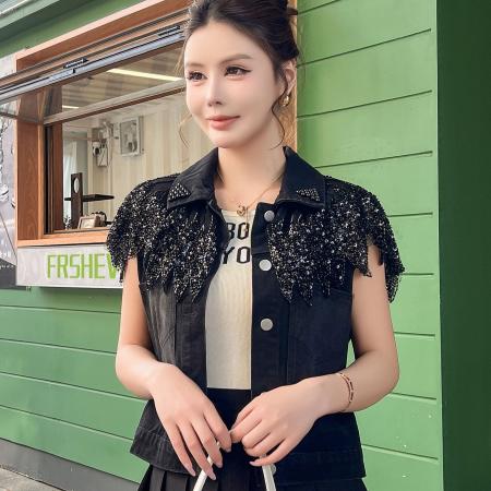 FA53782# 春夏爆款钉珠重工流苏牛仔短外套时尚绣花工艺肩花 服裝批發女裝批發服飾貨源