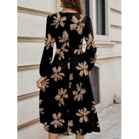 FA53783# 优雅经典印花圆领长袖休闲连衣裙后背拉链时尚中长印花连衣裙 服裝批發女裝批發服飾貨源