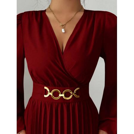 FA53784# 跨境爆款v领金属装饰长袖纯色百褶连衣裙侧边拉链，打揽设计 服裝批發女裝批發服飾貨源