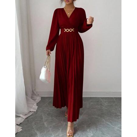 FA53784# 跨境爆款v领金属装饰长袖纯色百褶连衣裙侧边拉链，打揽设计 服裝批發女裝批發服飾貨源
