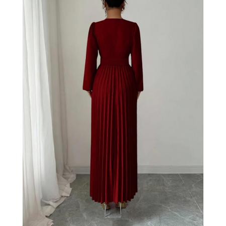 FA53784# 跨境爆款v领金属装饰长袖纯色百褶连衣裙侧边拉链，打揽设计 服裝批發女裝批發服飾貨源