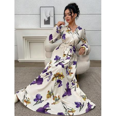 FA53785# 女式交叉v领长袖印花连衣裙腰带时尚印花日常通勤时尚女装连衣裙 服裝批發女裝批發服飾貨源