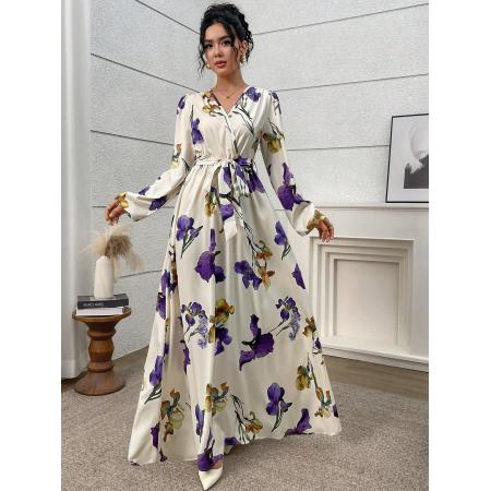 FA53785# 女式交叉v领长袖印花连衣裙腰带时尚印花日常通勤时尚女装连衣裙 服裝批發女裝批發服飾貨源