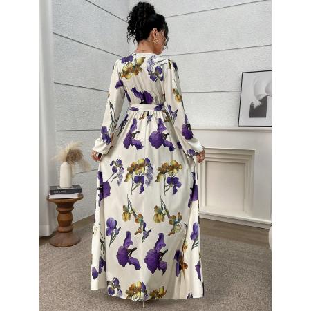 FA53785# 女式交叉v领长袖印花连衣裙腰带时尚印花日常通勤时尚女装连衣裙 服裝批發女裝批發服飾貨源