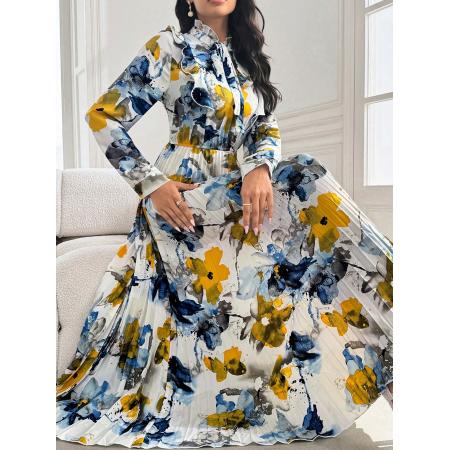 FA53786# 时尚印花压褶优雅长裙优雅长裙宽松时尚连衣裙派对聚会女装连衣裙 服裝批發女裝批發服飾貨源