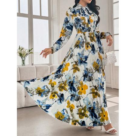 FA53786# 时尚印花压褶优雅长裙优雅长裙宽松时尚连衣裙派对聚会女装连衣裙 服裝批發女裝批發服飾貨源