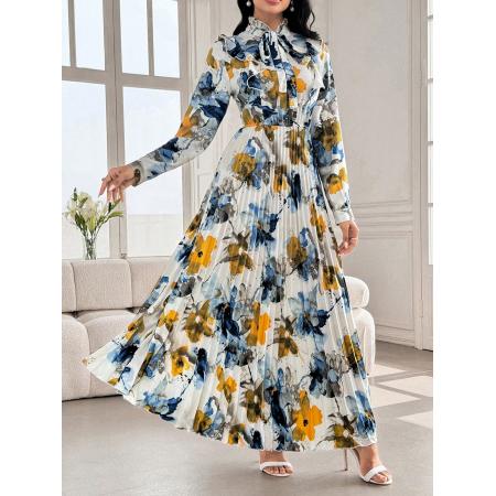 FA53786# 时尚印花压褶优雅长裙优雅长裙宽松时尚连衣裙派对聚会女装连衣裙 服裝批發女裝批發服飾貨源