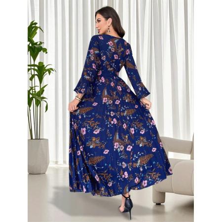 FA53788# 女士优雅印花压褶下摆喇叭袖印花连衣裙，日常通勤时尚女装连衣裙 服裝批發女裝批發服飾貨源