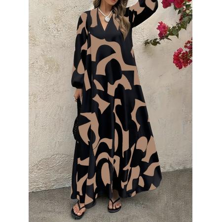 FA53789# 女式春装连衣裙V领长裙优雅长袖时尚印花清新时尚女装连衣裙 服裝批發女裝批發服飾貨源