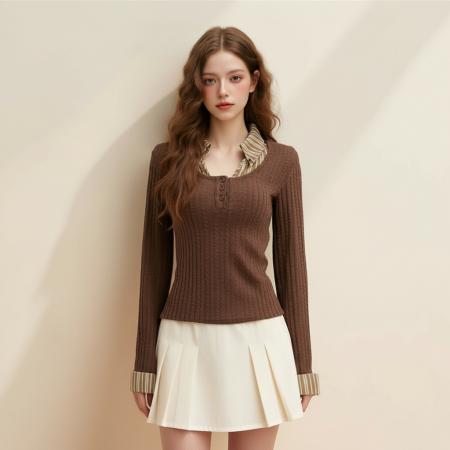 FA53793# 法式假两件长袖拼接条纹撞色衬衫领修身显瘦绞花上衣针织 服裝批發女裝批發服飾貨源