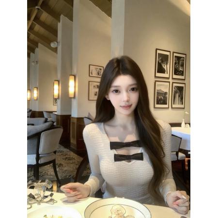 FA53795# 千金感丝绒蝴蝶结v领拼接长袖针织衫纯欲上衣 服裝批發女裝批發服飾貨源