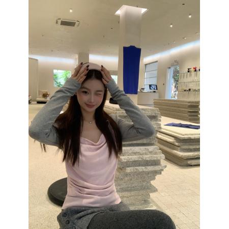 FA53798# 人棉磨毛内搭打底衫女新款长袖t恤高级感假两件修身上衣 服裝批發女裝批發服飾貨源