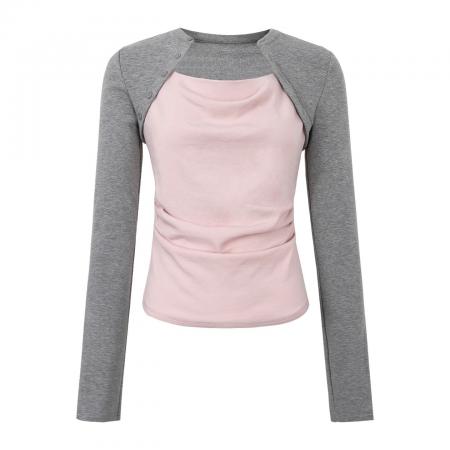 FA53798# 人棉磨毛内搭打底衫女新款长袖t恤高级感假两件修身上衣 服裝批發女裝批發服飾貨源