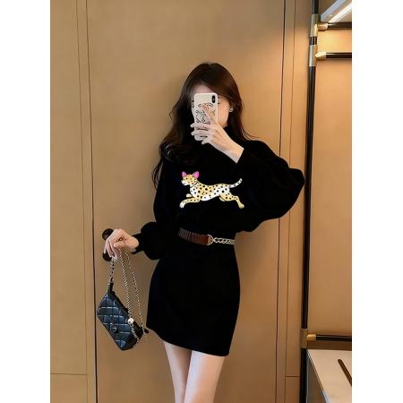 FA53800# 小香风黑色卡通印花连衣裙女秋冬新款小个子气质独特漂亮裙子 服裝批發女裝批發服飾貨源