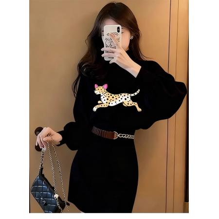 FA53800# 小香风黑色卡通印花连衣裙女秋冬新款小个子气质独特漂亮裙子 服裝批發女裝批發服飾貨源