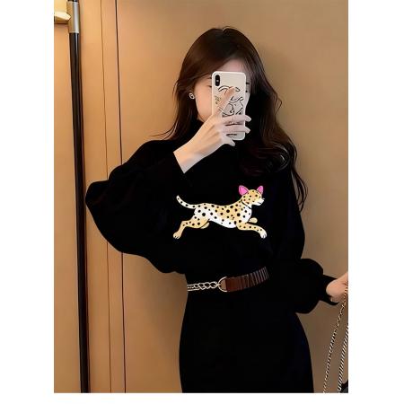 FA53800# 小香风黑色卡通印花连衣裙女秋冬新款小个子气质独特漂亮裙子 服裝批發女裝批發服飾貨源