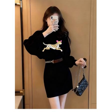 FA53800# 小香风黑色卡通印花连衣裙女秋冬新款小个子气质独特漂亮裙子 服裝批發女裝批發服飾貨源