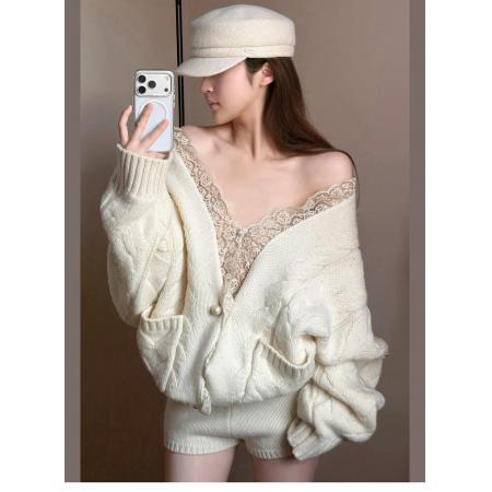 FA53801# 韩系一整套深冬穿搭纯欲白色V领蕾丝针织衫毛衣短裤 服裝批發女裝批發服飾貨源
