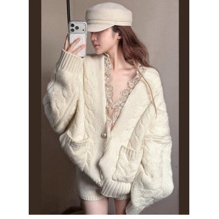 FA53801# 韩系一整套深冬穿搭纯欲白色V领蕾丝针织衫毛衣短裤 服裝批發女裝批發服飾貨源