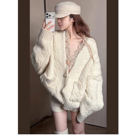 FA53801# 韩系一整套深冬穿搭纯欲白色V领蕾丝针织衫毛衣短裤 服裝批發女裝批發服飾貨源