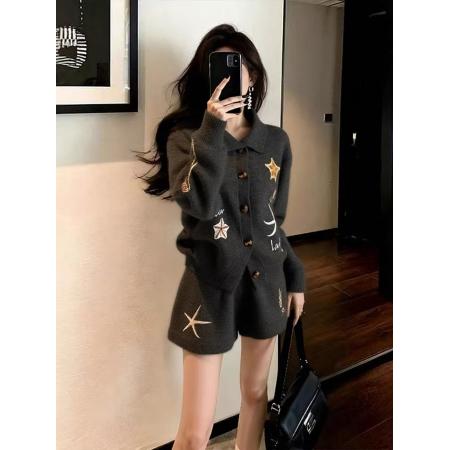 FA53802# 慵懒风休闲灰色针织套装初冬小个子穿搭女新款上衣裤子两件套 服裝批發女裝批發服飾貨源