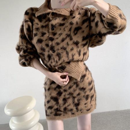 FA53803# 复古高级感豹纹长袖毛衣外套女冬季新款高腰包臀半身裙两件套 服裝批發女裝批發服飾貨源