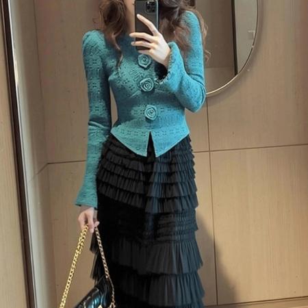 FA53806# -超火一整套女款蓝色上衣蕾丝半身裙两件套装 服裝批發女裝批發服飾貨源