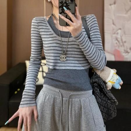 FA53807# 韩系灰色吊带挂脖长袖针织衫女春秋季修身显瘦叠穿内搭上衣两件套 服裝批發女裝批發服飾貨源