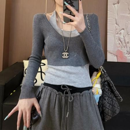 FA53807# 韩系灰色吊带挂脖长袖针织衫女春秋季修身显瘦叠穿内搭上衣两件套 服裝批發女裝批發服飾貨源
