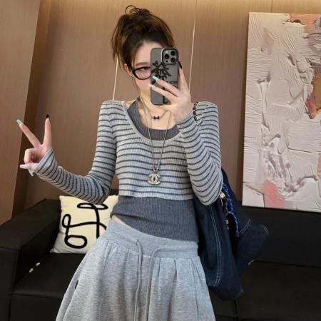 FA53807# 韩系灰色吊带挂脖长袖针织衫女春秋季修身显瘦叠穿内搭上衣两件套 服裝批發女裝批發服飾貨源