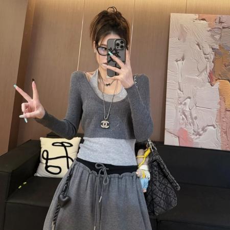 FA53807# 韩系灰色吊带挂脖长袖针织衫女春秋季修身显瘦叠穿内搭上衣两件套 服裝批發女裝批發服飾貨源