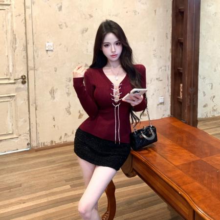 FA53811# 绑带性感收腰长袖针织衫女秋冬纯欲风韩系上衣 服裝批發女裝批發服飾貨源