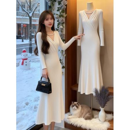 FA53816# 韩国春装新款白色轻熟优雅重工连衣裙女气质温柔风褶皱感长裙 服裝批發女裝批發服飾貨源