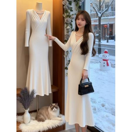 FA53816# 韩国春装新款白色轻熟优雅重工连衣裙女气质温柔风褶皱感长裙 服裝批發女裝批發服飾貨源