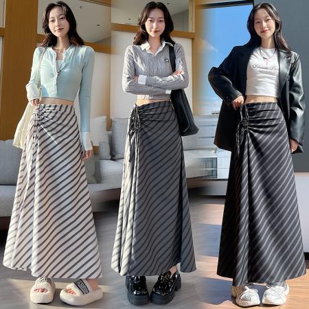 FA53817# 复古绑带斜条纹半身裙女新款春秋季高腰显瘦垂感半身包臀裙 服裝批發女裝批發服飾貨源