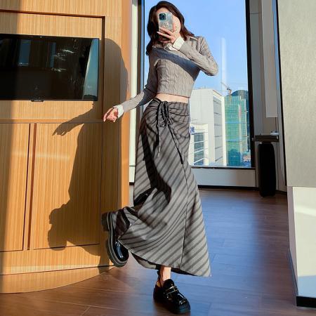 FA53817# 复古绑带斜条纹半身裙女新款春秋季高腰显瘦垂感半身包臀裙 服裝批發女裝批發服飾貨源