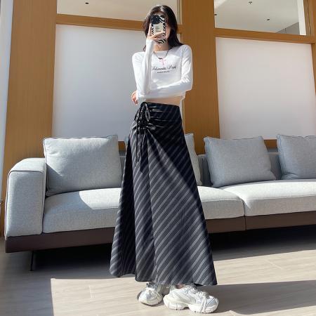 FA53817# 复古绑带斜条纹半身裙女新款春秋季高腰显瘦垂感半身包臀裙 服裝批發女裝批發服飾貨源