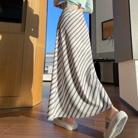 FA53817# 复古绑带斜条纹半身裙女新款春秋季高腰显瘦垂感半身包臀裙 服裝批發女裝批發服飾貨源