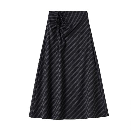 FA53817# 复古绑带斜条纹半身裙女新款春秋季高腰显瘦垂感半身包臀裙 服裝批發女裝批發服飾貨源