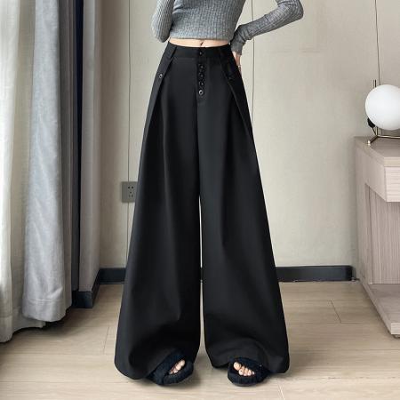 FA53818# 高级感黑色排扣西装阔腿裤女春秋设计感高腰宽松休闲显瘦拖地裤子 服裝批發女裝批發服飾貨源