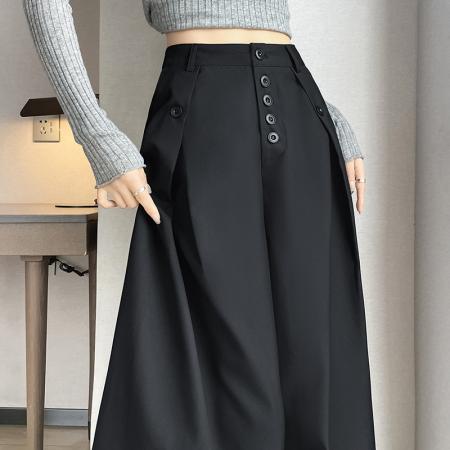 FA53818# 高级感黑色排扣西装阔腿裤女春秋设计感高腰宽松休闲显瘦拖地裤子 服裝批發女裝批發服飾貨源